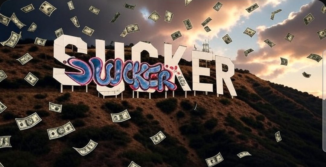 The iconic Hollywood sign on a hill, with the word "SUCKER" spray-painted in bold, graffiti-style letters across its face, while dollar bills rain down from a dramatic sky.
