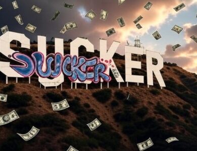 The iconic Hollywood sign on a hill, with the word "SUCKER" spray-painted in bold, graffiti-style letters across its face, while dollar bills rain down from a dramatic sky.