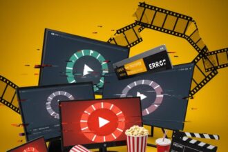 A chaotic illustration of a streaming setup with multiple screens (TV, laptop, tablet, phone) displaying buffering wheels and error messages. Popcorn is spilled, a drink is knocked over, and a clapperboard is broken, all against a distorted yellow background with film strips.