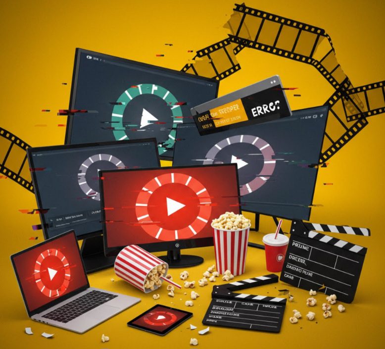 A chaotic illustration of a streaming setup with multiple screens (TV, laptop, tablet, phone) displaying buffering wheels and error messages. Popcorn is spilled, a drink is knocked over, and a clapperboard is broken, all against a distorted yellow background with film strips.