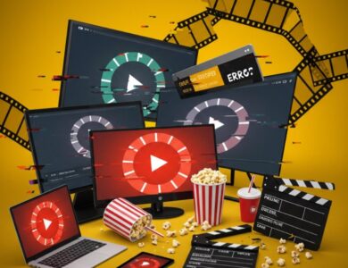 A chaotic illustration of a streaming setup with multiple screens (TV, laptop, tablet, phone) displaying buffering wheels and error messages. Popcorn is spilled, a drink is knocked over, and a clapperboard is broken, all against a distorted yellow background with film strips.