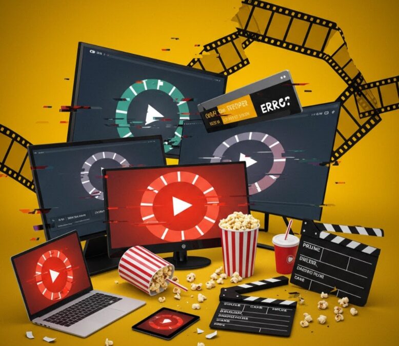 A chaotic illustration of a streaming setup with multiple screens (TV, laptop, tablet, phone) displaying buffering wheels and error messages. Popcorn is spilled, a drink is knocked over, and a clapperboard is broken, all against a distorted yellow background with film strips.