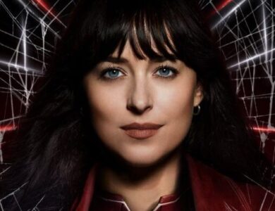 Official movie poster for Madame Web featuring Dakota Johnson as Cassandra Webb and three younger Spider-Women, with the tagline 'Her vision is only the beginning.'