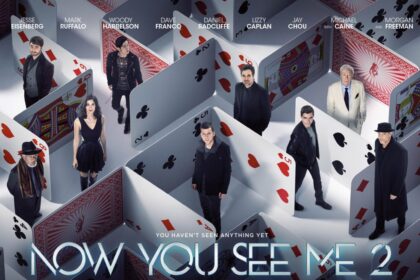 Promotional poster for Now You See Me 2, featuring the main cast including Jesse Eisenberg, Mark Ruffalo, Woody Harrelson, Dave Franco, Daniel Radcliffe, Lizzy Caplan, Jay Chou, Michael Caine, and Morgan Freeman, positioned within an intricate maze of oversized playing cards, conveying the film's magic and illusion theme.