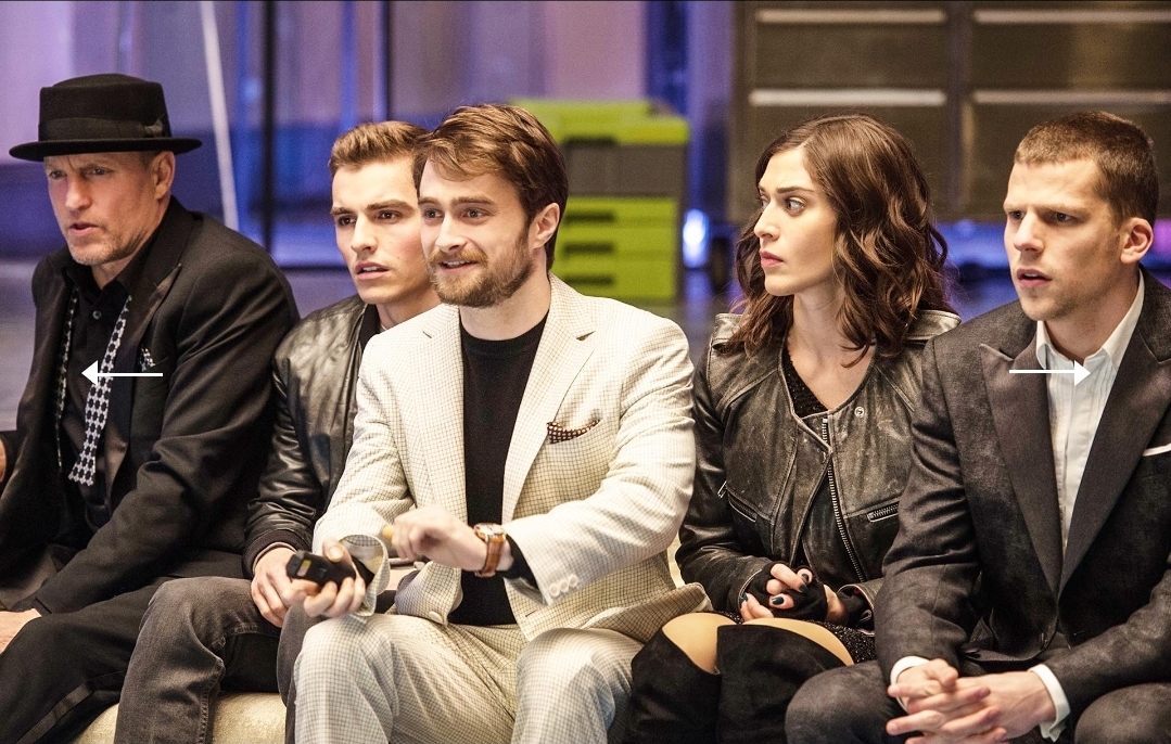 The Four Horsemen (Woody Harrelson, Dave Franco, Lizzy Caplan, Jesse Eisenberg) sitting with Daniel Radcliffe as Walter Mabry in Now You See Me 2.