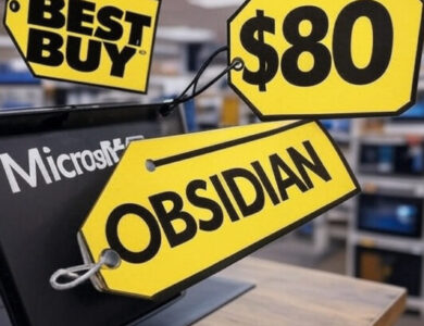 Yellow price tags in a store display, showing 'BEST BUY', '$80', and 'OBSIDIAN', with 'Microsoft' branding visible in the background, symbolizing high video game prices.