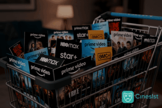 A digital shopping cart overflowing with streaming titles, representing Amazon Prime Video's confusing and cluttered interface.
