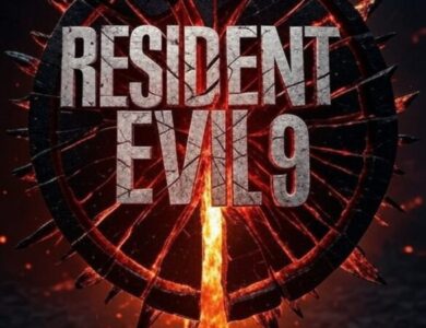 A circular, shattered Resident Evil 9 logo, with glowing cracks and molten core, surrounded by embers and fire on a dark, desolate ground, symbolizing the series being broken and in turmoil.