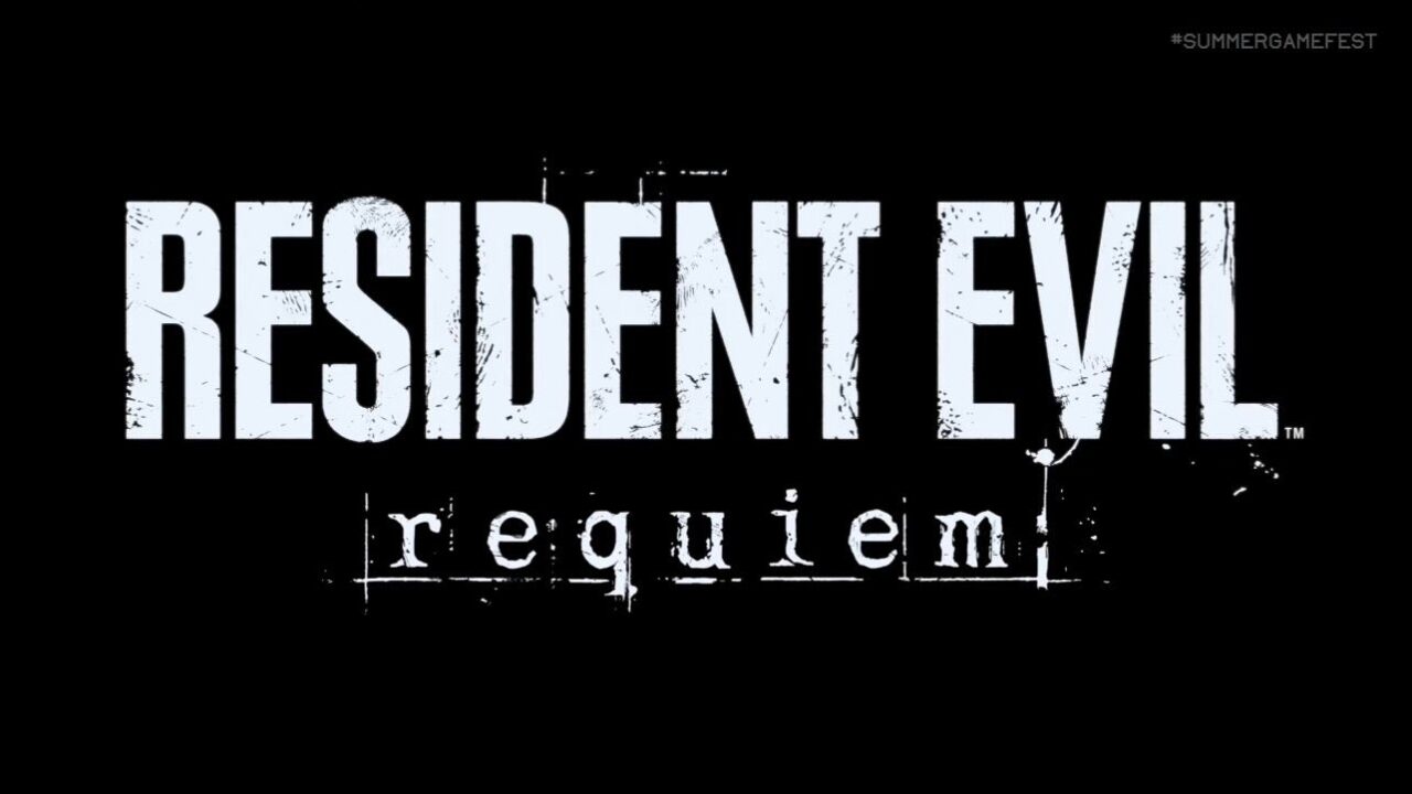 The official white distressed logo for Resident Evil: Requiem against a black background, with '#SUMMERGAMEFEST' in a smaller white font at the top right.