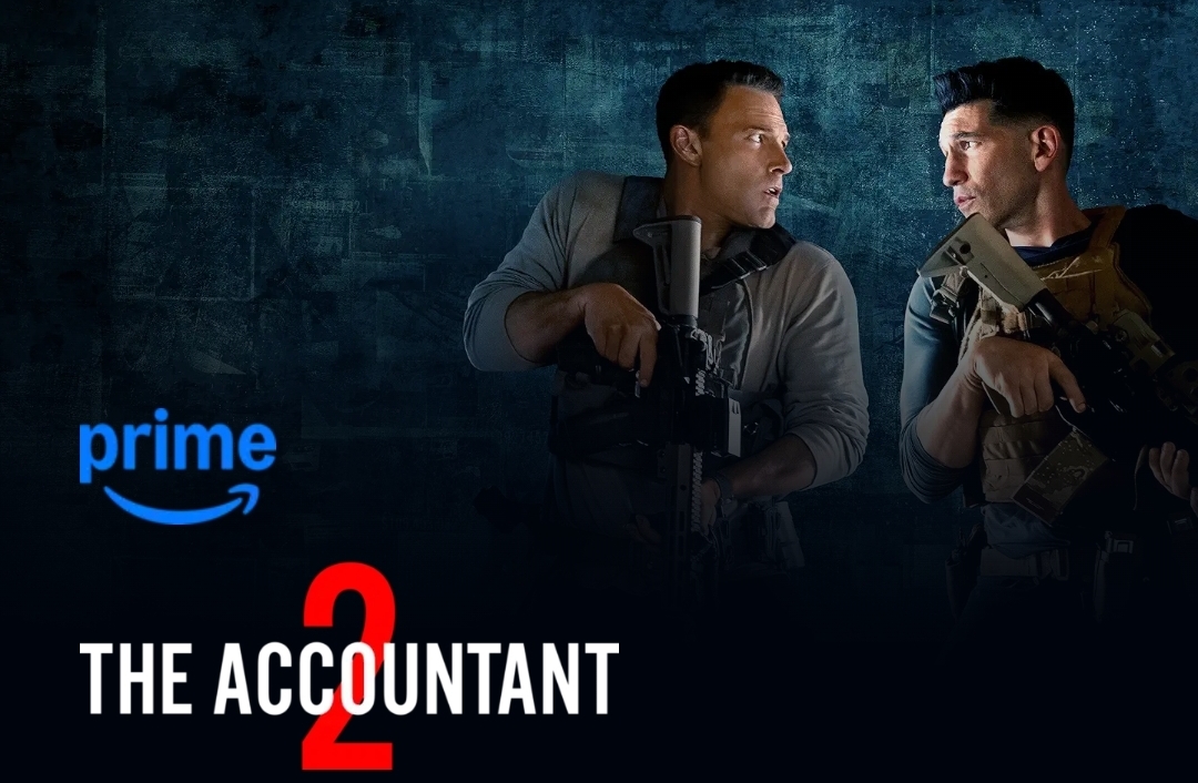 Promotional image for The Accountant 2 on Prime Video, featuring Ben Affleck and Jon Bernthal with firearms, alongside the Prime Video logo.