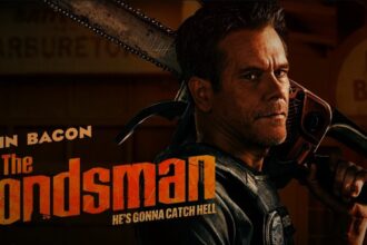 Kevin Bacon, as The Bondsman, holds a large chainsaw over his shoulder with a determined expression, looking directly at the viewer. The title "The Bondsman" and tagline "HE'S GONNA CATCH HELL" are visible on the movie poster.