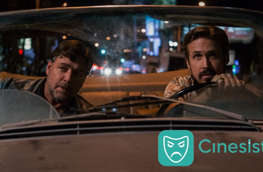 Russell Crowe and Ryan Gosling in a car at night, looking forward, with the Cinesist logo visible in the bottom right corner.
