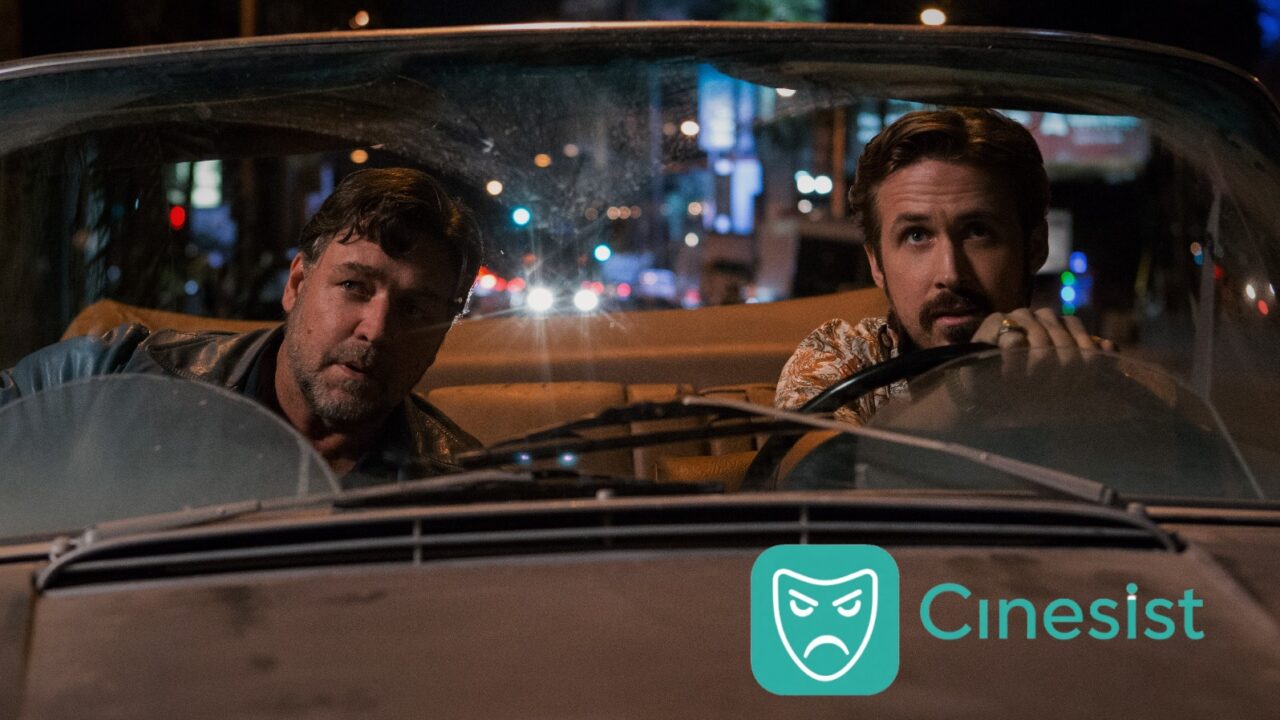 Russell Crowe and Ryan Gosling in a car at night, looking forward, with the Cinesist logo visible in the bottom right corner.