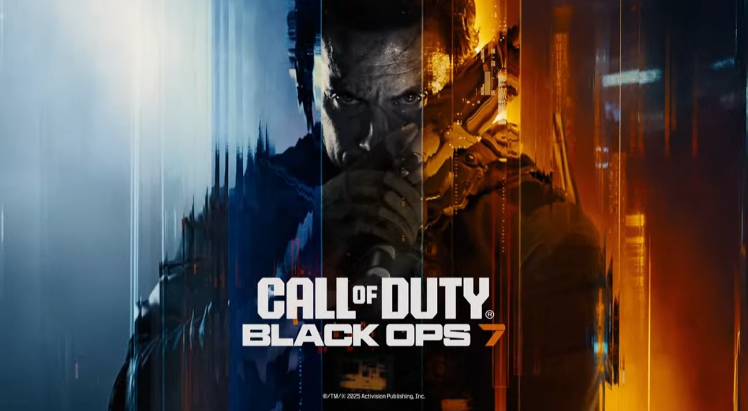 Title card for Call of Duty: Black Ops 7, featuring split faces of two characters in a dark, gritty aesthetic.