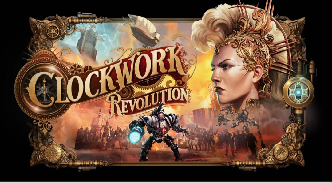 Promotional art for Clockwork Revolution, featuring a stern woman in a crown, steampunk robots, and a cityscape.
