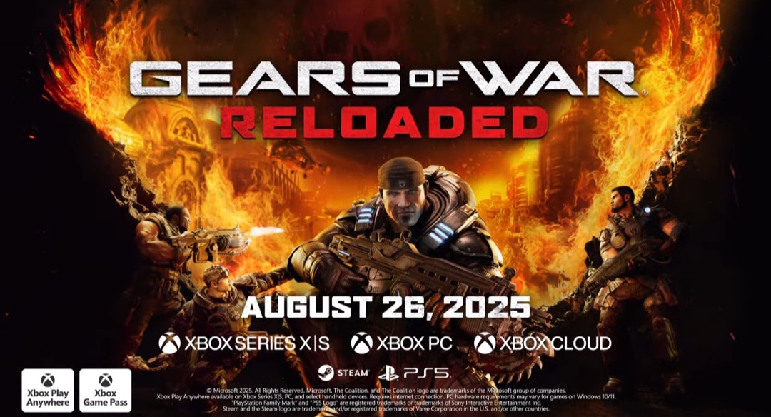 Promotional image for Gears of War Reloaded, showing armored soldiers against a fiery, ruined cityscape, with the game title.