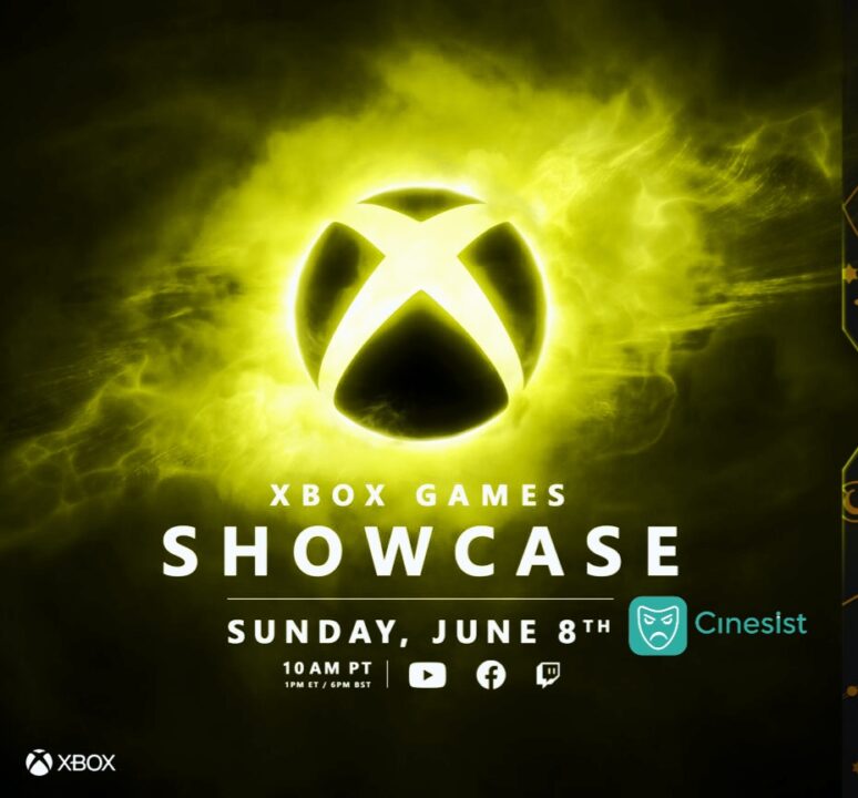 Custom Cinesist featured image for the Xbox Games Showcase 2025, showing a glowing yellow Xbox logo, event title, and the Cinesist mask logo, symbolizing caution.
