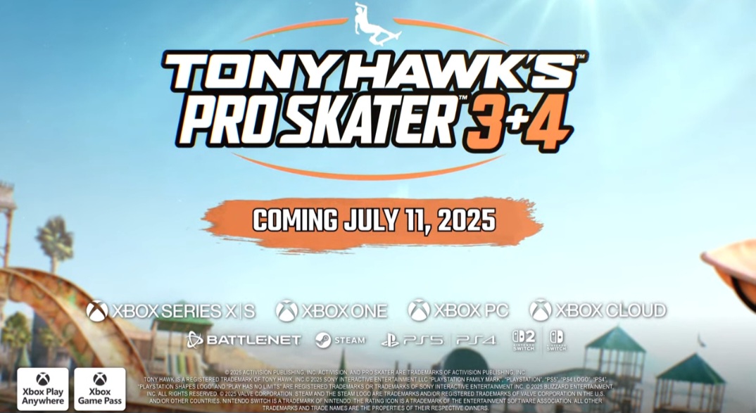 Title card for Tony Hawk's Pro Skater 3+4, with a skater silhouetted against a blue sky over a vibrant park.