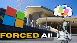 Microsoft HQ building under stormy sky with lightning, an AI droid thinking about the Co-pilot logo, and text 'FORCED AI!'