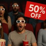 Audience in a movie theater with 3D glasses looking surprised, with a large '50% OFF' tag overlaid, symbolizing AMC's discount.