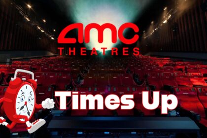 Empty AMC movie theater with 'AMC THEATRES' logo and a cartoon alarm clock character with 'Times Up' text, symbolizing the industry's decline.