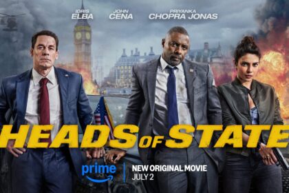 John Cena, Idris Elba, and Priyanka Chopra Jonas armed and ready, standing in a gritty, industrial setting from Heads of State.