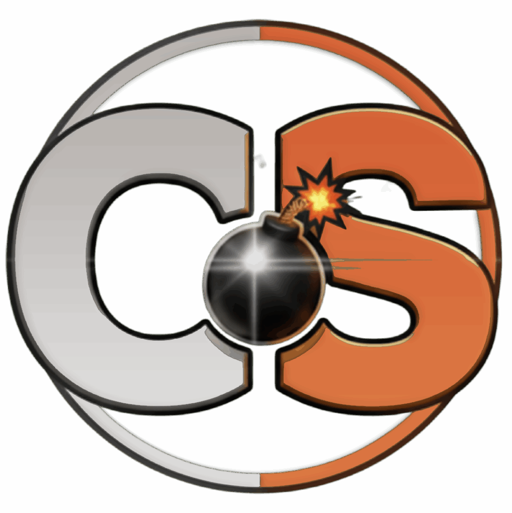 Cinesist's Brand Icon. White Stylized C and Orange Stylized S in a duo tone circle, and a cartoon bomb in the center.