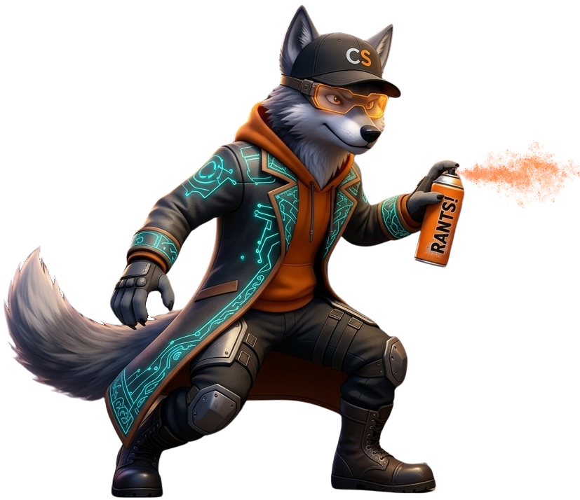 Cipher actively spray-painting a surface with an orange can thats labeled "RANTS!"