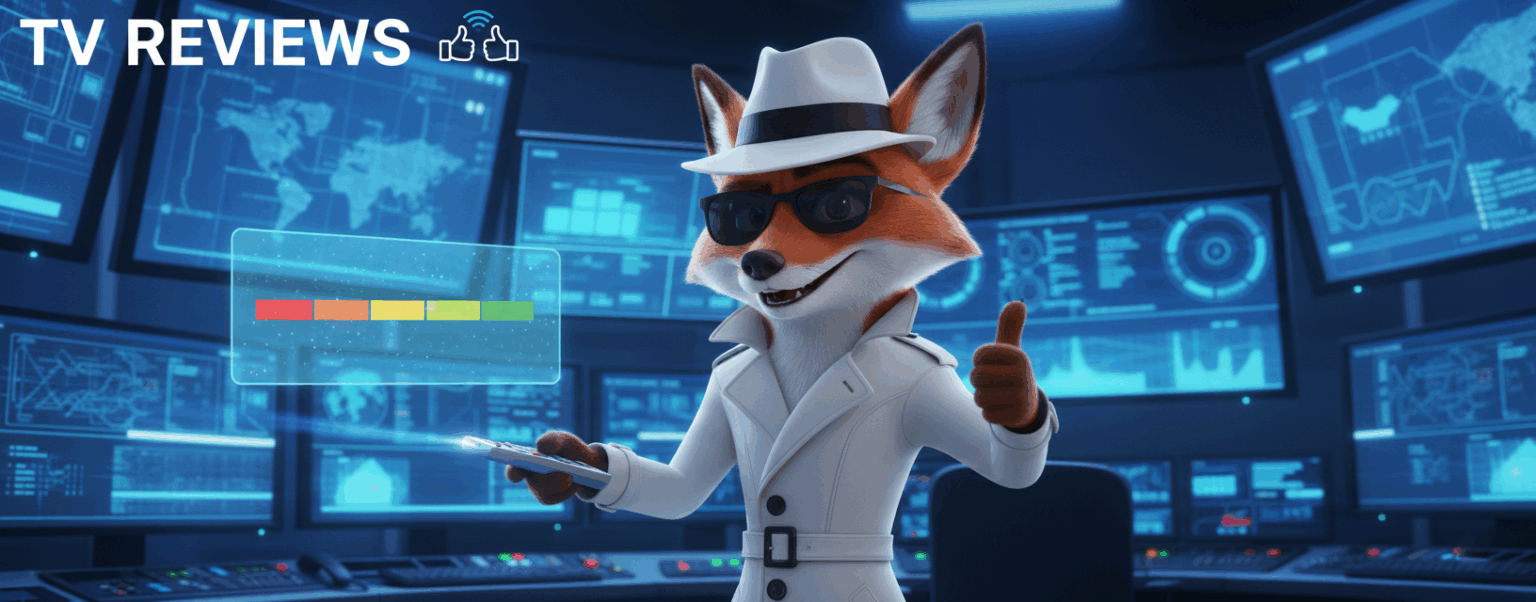 White Spy Cinefox in the Broadcast Studio giving his review of the next trending TV Series. Features Cinefox with the thumbs up and the Cinescore meter. Used to represent TV Reviews Category on Cinesist.com