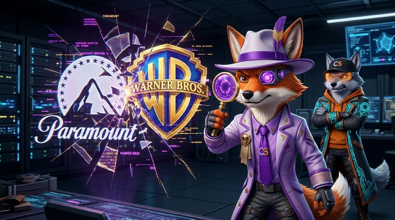 image of Cinefox and Cipher getting the information about the WBD and Skydance merger. Cipher is very upset with this, and Cinefox is analyzing the data they have.