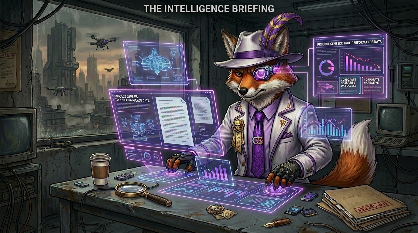 Cinefox analyzing data on holographic screens in a dystopian office. Title: The Intelligence Briefing Caption: Data doesn't lie, but marketing does. Cinefox sifts through the corporate noise to find the truth.