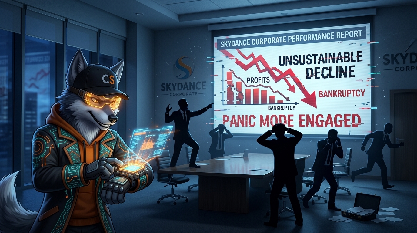 an image of Cipher hacking Skydance corporate media projection screen to make it look so bad! Yes the executives are paniced.