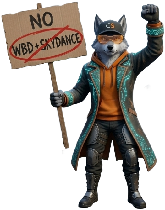 Cipher standing up and protesting the WBD and Skydance Merger. He is holding a sign in one hand "NO WBD + Skydance" and has his other fist in the air